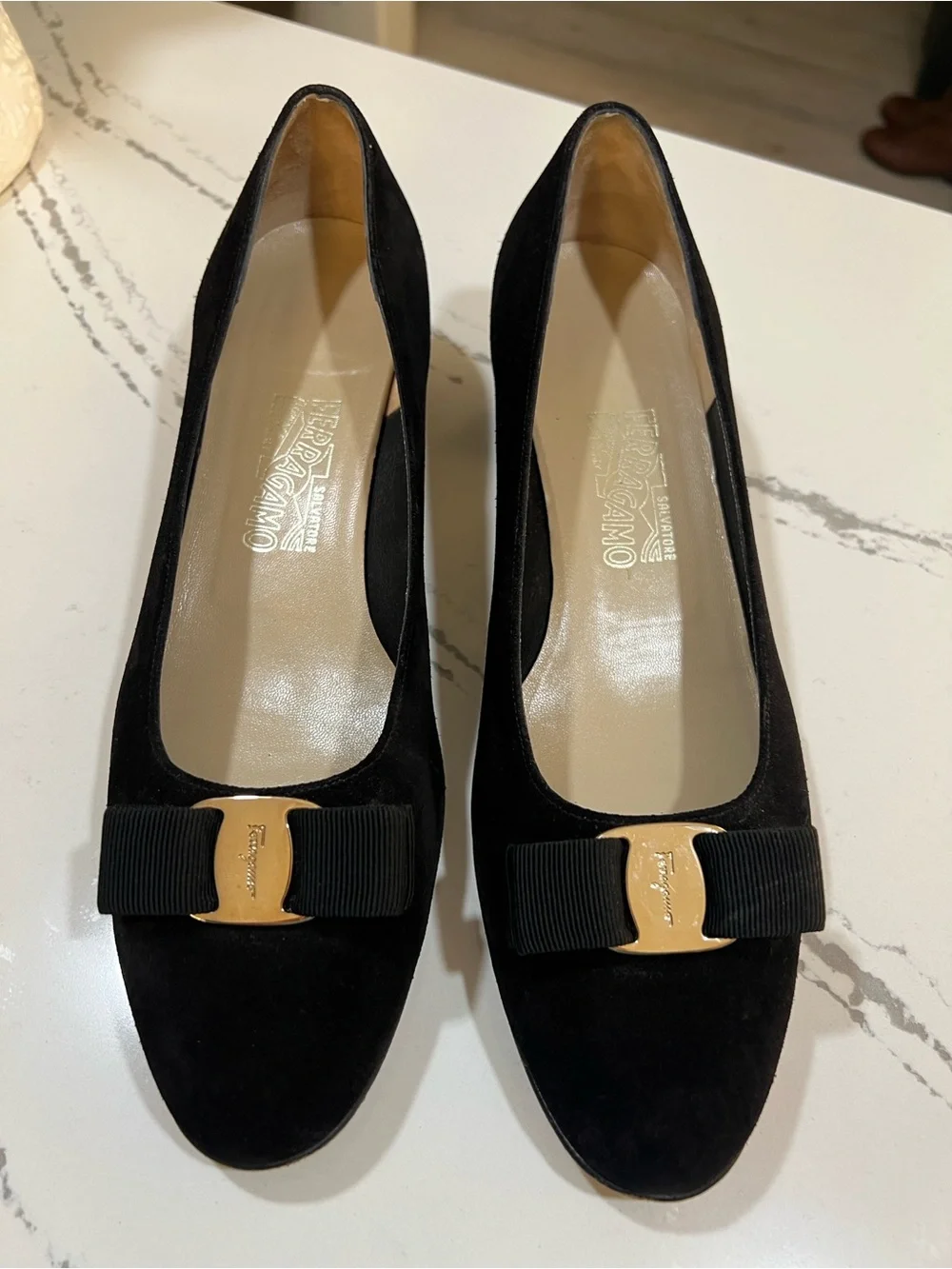 Salvatore Ferragamo Black Suede Vara Bow Pumps with Gold Hardware size W 11.5